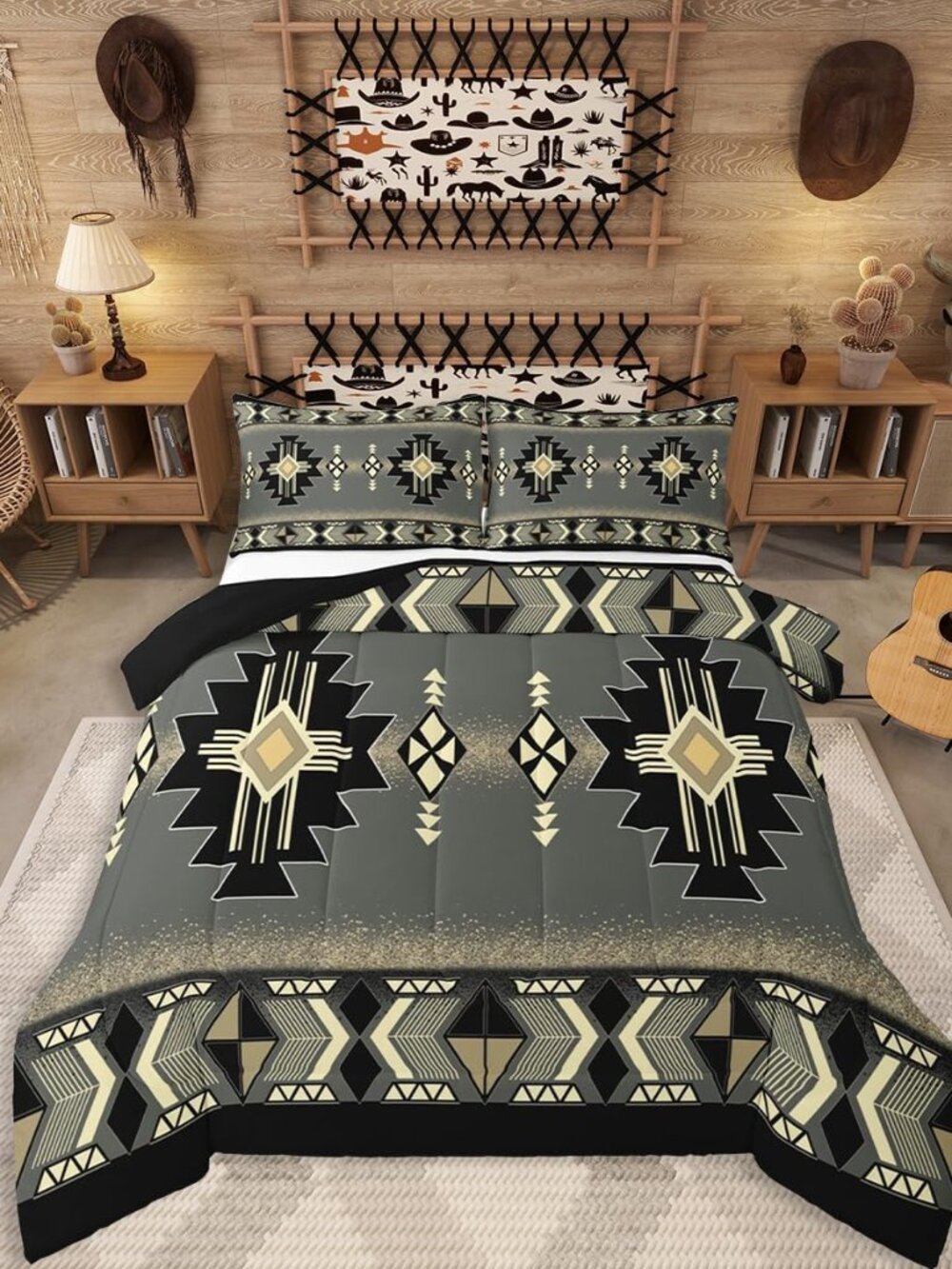 King Southwestern Aztec Comforter Set, Rustic Western Bedding Set, Exotic Americ